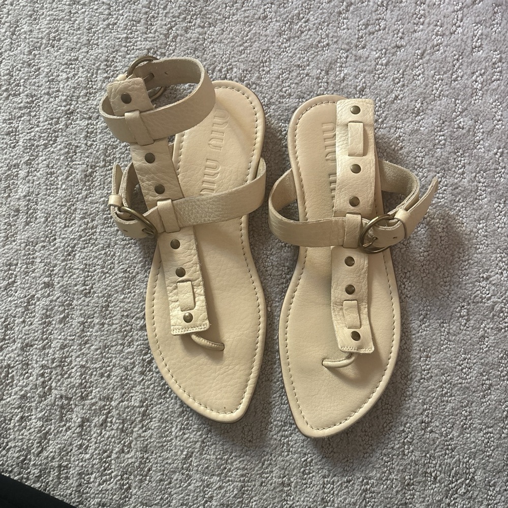 Tan And Cream Miu Miu Designer Leather Sandals - image 1